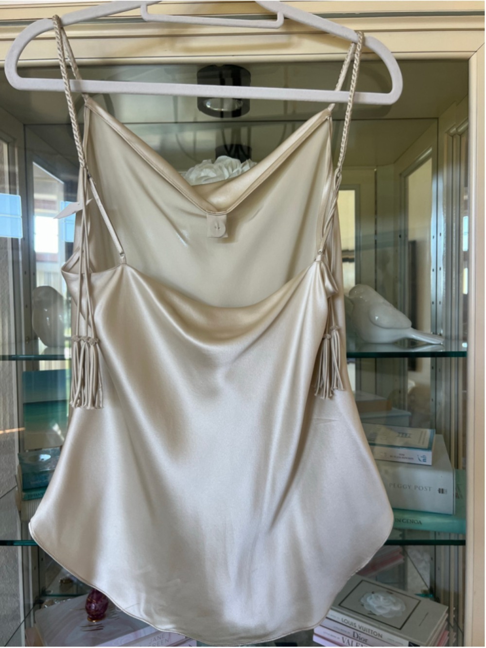 Cinq a Sept Cream Gold Satin Cowl Neck Camisole Top L Braided Tassels Quiet Lux - Picture 11 of 12